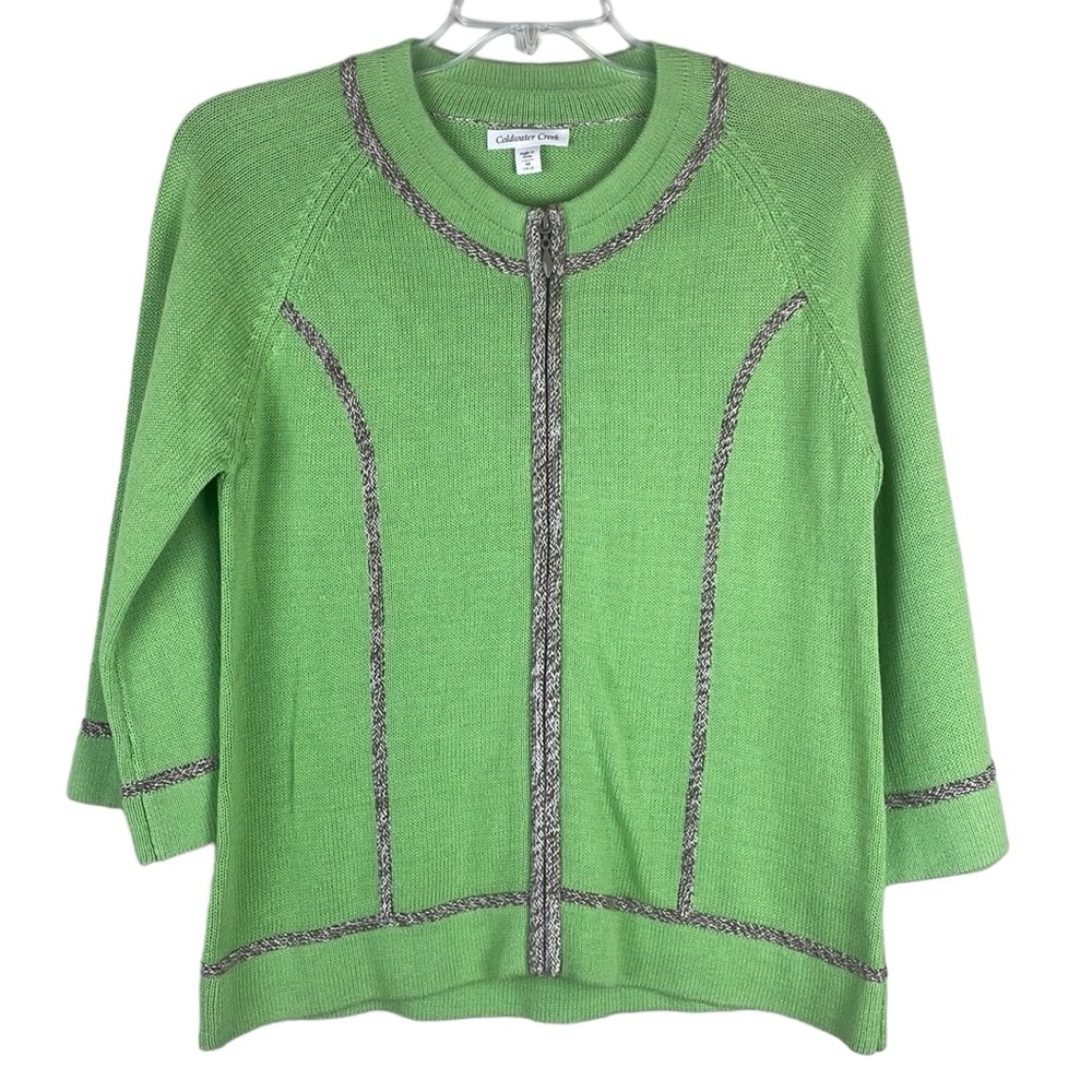 Coldwater Creek Green Sweater with Brown Heathered Trip Full Zio Size Medium